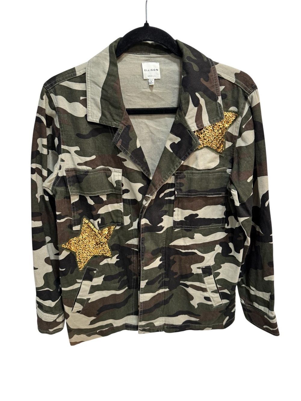 Ellison Glam Fighter Camouflage Jacket Gold Sequin Stars Sz Small Military Camo